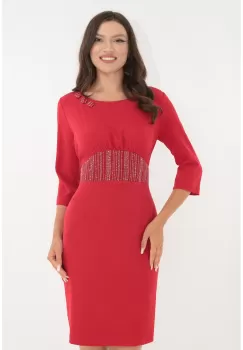 Rochie rosie cu insertii din brocart in talie imagine