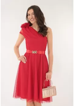 Rochie rosie de ocazie din tulle cu buline si floare maxi pe umar imagine