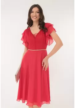 Rochie rosie de ocazie din tulle cu volanase pe umeri imagine