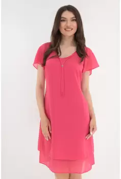 Rochie roz din voaluri suprapuse si cordon la decolteu imagine