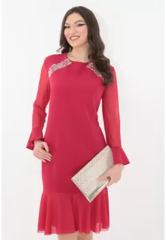 Rochie roz-grenadine de ocazie cu broderie si maneci din tull imagine