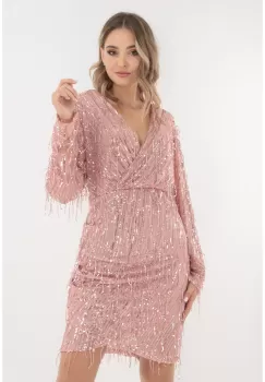 Rochie roz-pudra de ocazie cu paiete si fronseuri imagine