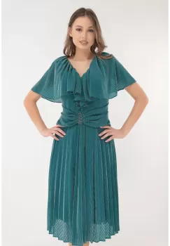 Rochie turcoaz de ocazie cu fir argintiu si volanase la decolteu imagine