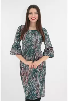Rochie verde cu print multicolor si maneci cu volane imagine
