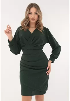 Rochie verde din lurex cu fronseuri si decolteu parte peste parte imagine