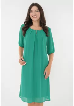 Rochie verde din voal cu pliuri si decupaj la decolteu imagine