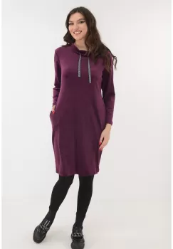 Rochie violet din catifea cu guler inalt si buzunare imagine