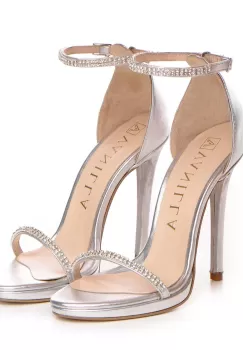 Sandale Pure Crystals cu toc subtire, piele naturala, argintii imagine