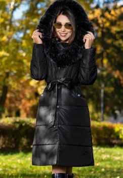 Geaca dama lunga neagra Madeleine cu gluga si blanita imagine