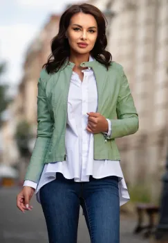Geaca dama verde deschis din piele eco cu zone plisate imagine