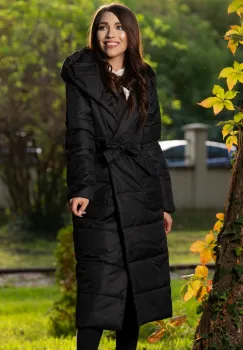 Geaca din fas lunga matlasata neagra cu gluga si cordon in talie imagine