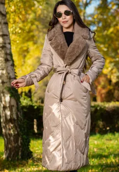 Geaca lunga camel cu guler din blana si model brodat imagine