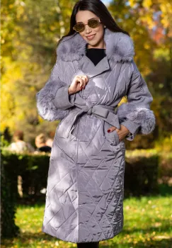 Geaca lunga gri eleganta Marianne cu guler si mansete din blana imagine