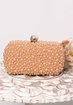 Geanta eleganta Elsa champagne decorata cu perle sidefate imagine