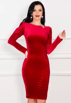 Rochie cambrata din catifea Tilda rosie cu brosa din strassuri imagine