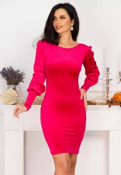 Rochie cambrata fucsia din catifea cu maneci fronsate imagine