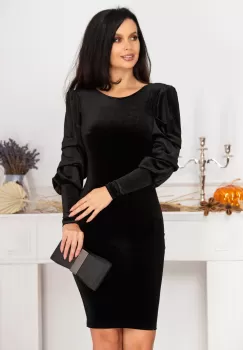 Rochie cambrata neagra din catifea cu maneci fronsate imagine