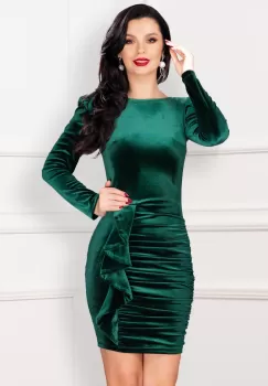 Rochie dama din catifea Kamelis verde cu volan elegant imagine