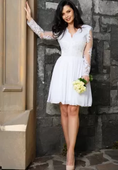 Rochie de cununie alba Destiny baby doll cu bust si maneci brodate imagine