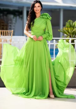 Rochie de lux Chic Diva fistic lunga cu fronseuri si floare 3D imagine