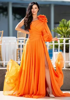 Rochie de lux Chic Diva orange lunga cu fronseuri si floare 3D imagine