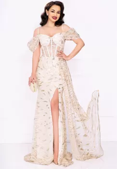 Rochie de lux Goddess aurie cu sclipici si trena pe o parte imagine