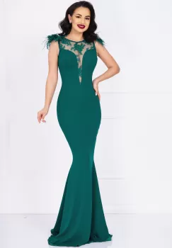 Rochie de lux Kathrin sirena verde cu flori 3D la umeri si fulgi imagine