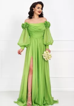 Rochie de lux Mireya fistic lunga cu fronseuri si flori 3D imagine