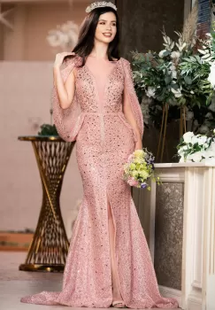 Rochie de lux Zandra rose pretioasa cu perle si pietre pretioase decorative imagine