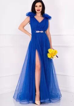 Rochie de nasa Lily albastru royal pretioasa cu sclipici si flori 3D pe umeri imagine