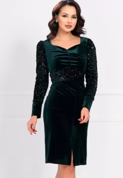 Rochie de ocazie Celia din catifea verde cu maneci din paiete imagine
