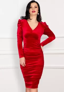 Rochie de ocazie Coralia din catifea rosie cu fronseuri imagine