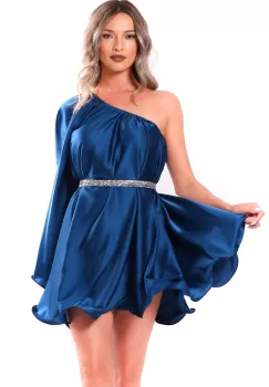 Rochie de ocazie din matase albastra cu o maneca goala imagine
