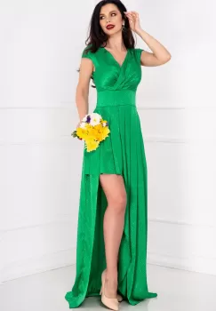 Rochie de ocazie dungata verde cu decupaj pe picior imagine