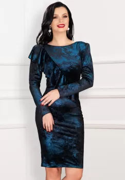 Rochie de ocazie Emrin cu aspect de glitter albastru si volan oblic imagine