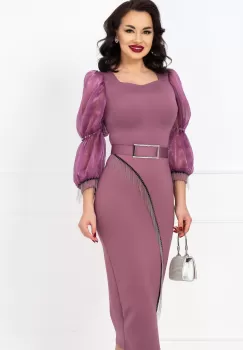 Rochie de ocazie lila cu franjuri argintii si maneci din organza imagine