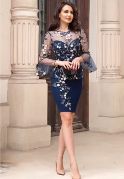 Rochie de ocazie midi bleumarin Leticia cu peplum si broderie florala imagine