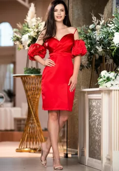 Rochie de ocazie rosie eleganta cu maneci gogosar accesorizate cu perlute imagine