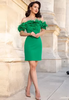 Rochie de ocazie scurta conica verde Alicia cu bujori 3D si fulgi imagine