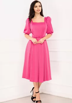 Rochie de ocazie Valeria fucsia cu pliuri si maneci bufante imagine