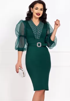 Rochie de ocazie verde cu maneci bufante din organza si pietre decorative imagine