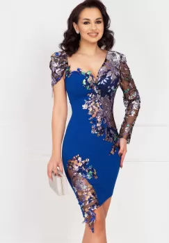 Rochie de seara Adelina albastru royal cu flori pastelate si paiete imagine