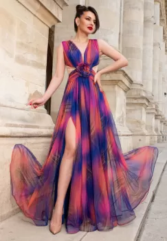 Rochie de seara albastru royal lunga Elissa cu imprimeu in culorile paunului si floare 3D imagine
