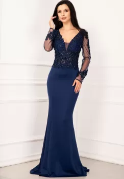 Rochie de seara bleumarin pretioasa tip sirena cu broderie aplicata si margele imagine
