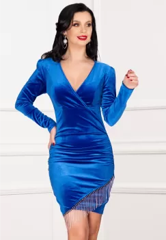 Rochie de seara din catifea Norah albastru royal cu franjuri din strassuri imagine