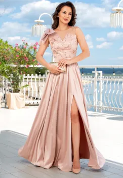 Rochie de seara eleganta bej lunga Ellis cu funda pe umar imagine