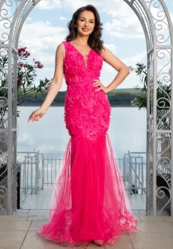 Rochie de seara eleganta ciclame tip sirena Elvira cu trandafiri 3D imagine
