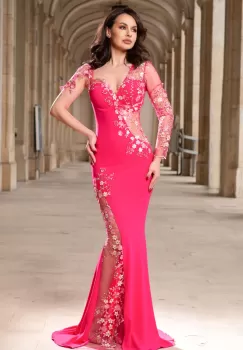 Rochie de seara eleganta lunga roz Neptune tip sirena cu flori brodate imagine