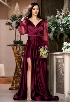 Rochie de seara Eliana magenta satinata cu aplicatii pretioase imagine