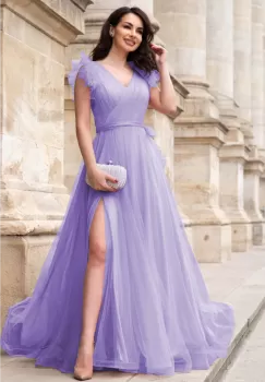 Rochie de seara lunga lila Nemesis cu glitter si flori 3D pe umeri imagine